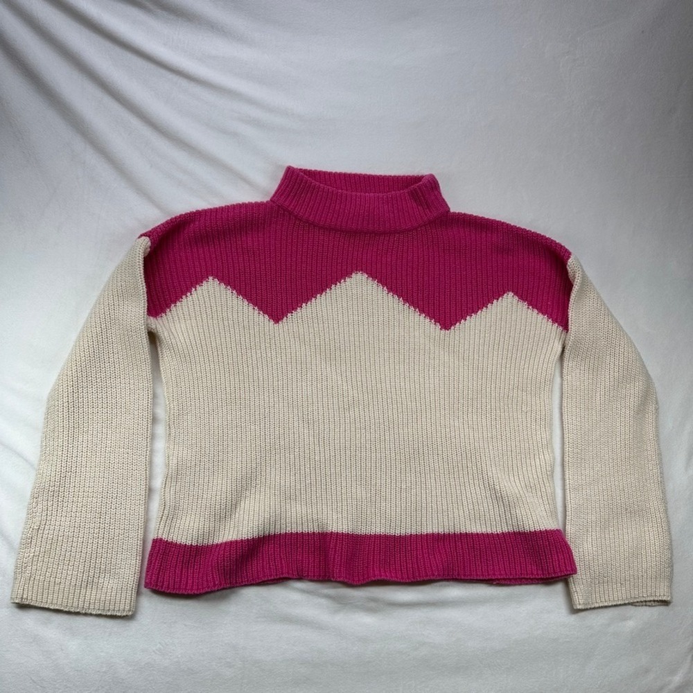The REEDS‎ Pink Cream Colorblock Zigzag Mock Neck Chunky Knit Sweater Pullover S